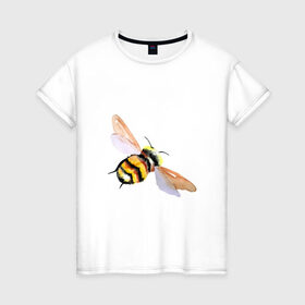 Женская футболка хлопок с принтом Шмель полосатый в Санкт-Петербурге, 100% хлопок | прямой крой, круглый вырез горловины, длина до линии бедер, слегка спущенное плечо | Тематика изображения на принте: акварель | желтый | крылья | летать | насекомое | полоски | природа | черный | шмель