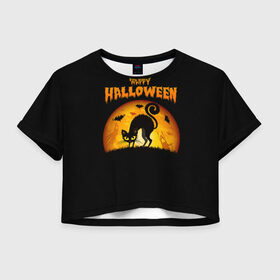 Женская футболка Crop-top 3D с принтом Helloween в Санкт-Петербурге, 100% полиэстер | круглая горловина, длина футболки до линии талии, рукава с отворотами | Тематика изображения на принте: halloween | ведьма | летучая мышь | полнолуние | привидение | призрак | тыква | хеллоуин | хелуин | хэллоин | хэллоуин | хэлоуин | хэлуин | черный кот