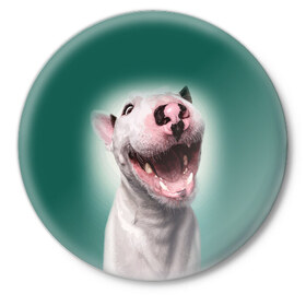 Значок с принтом Bully в Санкт-Петербурге,  металл | круглая форма, металлическая застежка в виде булавки | bull terrier | ears | eyes | fangs | jaw | muzzle | nose | smile | бультерьер | глаза | клыки | нос | пасть | улыбка | уши