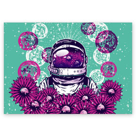 Поздравительная открытка с принтом Цветочный Астронавт в Санкт-Петербурге, 100% бумага | плотность бумаги 280 г/м2, матовая, на обратной стороне линовка и место для марки
 | astronaut | cosmonaut | daisy | floral | flowers | galaxy | helmet | peace | planet | planets | retro | space | spacesuit | suit | винтаж | галактика | космонавт | космос | мир | планета | планеты | ретро | ромашки | скафандр | цветок | цвет