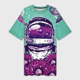 Платье-футболка 3D с принтом Цветочный Астронавт в Санкт-Петербурге,  |  | astronaut | cosmonaut | daisy | floral | flowers | galaxy | helmet | peace | planet | planets | retro | space | spacesuit | suit | винтаж | галактика | космонавт | космос | мир | планета | планеты | ретро | ромашки | скафандр | цветок | цвет