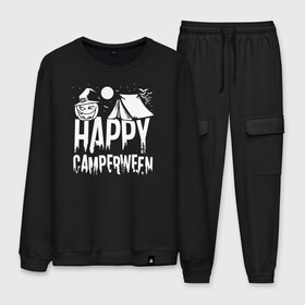 Мужской костюм хлопок с принтом Happy camperween в Санкт-Петербурге, 100% хлопок | на свитшоте круглая горловина, мягкая резинка по низу. Брюки заужены к низу, на них два вида карманов: два “обычных” по бокам и два объемных, с клапанами, расположенные ниже линии бедра. Брюки с мягкой трикотажной резинкой на поясе и по низу штанин. В поясе для дополнительного комфорта — широкие завязки | 31 октября | halloween | halowen | ведьма | день всех святых | джек | костюм | кровь | лого | монстр | надпись | праздник | приведение | призрак | светильник | символ | страшная | тыква | ужасы | хеллоуин | хеллуин