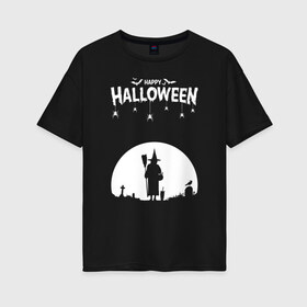 Женская футболка хлопок Oversize с принтом Happy Halloween в Санкт-Петербурге, 100% хлопок | свободный крой, круглый ворот, спущенный рукав, длина до линии бедер
 | 31 октября | halloween | halowen | ведьма | день всех святых | джек | костюм | кровь | лого | монстр | надпись | праздник | приведение | призрак | светильник | символ | страшная | тыква | ужасы | хеллоуин | хеллуин