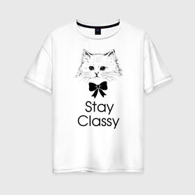 Женская футболка хлопок Oversize с принтом Классика в Санкт-Петербурге, 100% хлопок | свободный крой, круглый ворот, спущенный рукав, длина до линии бедер
 | бантик | белый | классика | кот | кошка | красота | милый | цитата | чёрный