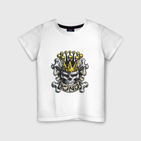 Детская футболка хлопок с принтом Король в Санкт-Петербурге, 100% хлопок | круглый вырез горловины, полуприлегающий силуэт, длина до линии бедер | арт | белый | вектор | жёлтый | золотой | зубы | король | корона | кости | пират | рисунок | череп | чёрный