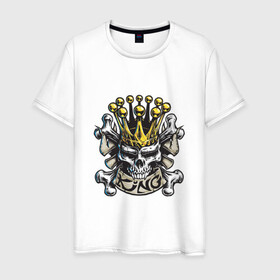 Мужская футболка хлопок с принтом Король в Санкт-Петербурге, 100% хлопок | прямой крой, круглый вырез горловины, длина до линии бедер, слегка спущенное плечо. | арт | белый | вектор | жёлтый | золотой | зубы | король | корона | кости | пират | рисунок | череп | чёрный