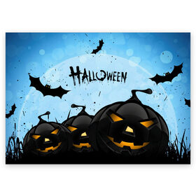 Поздравительная открытка с принтом HALLOWEEN. в Санкт-Петербурге, 100% бумага | плотность бумаги 280 г/м2, матовая, на обратной стороне линовка и место для марки
 | bones | ghost | halloween | pumpkin | skull | кости | летучие мыши | приведение | призрак | скелет | тыква | хеллоуин | хоррор | хэллоуин