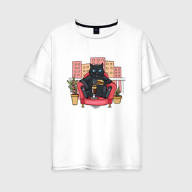 Женская футболка хлопок Oversize с принтом Кот на балконе в Санкт-Петербурге, 100% хлопок | свободный крой, круглый ворот, спущенный рукав, длина до линии бедер
 | balcony | black | burger | cat | chillin | chilling | chonk | chubby | fat | kitten | kitty | pussy | pussycat | бегемот | бургер | киса | киска | коктейль | король | котенок | котяра | кошка | наглый | отдыхает | толстый | царь | черный | чи