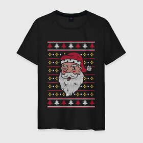 Мужская футболка хлопок с принтом Рождественский свитер с Сантой в Санкт-Петербурге, 100% хлопок | прямой крой, круглый вырез горловины, длина до линии бедер, слегка спущенное плечо. | 