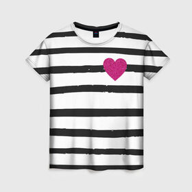 Женская футболка 3D с принтом Сердце с полосками в Санкт-Петербурге, 100% полиэфир ( синтетическое хлопкоподобное полотно) | прямой крой, круглый вырез горловины, длина до линии бедер | любовь | милый | модный | полоски | розовый | семья | сердце | чёрный