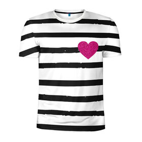 Мужская футболка 3D спортивная с принтом Сердце с полосками в Санкт-Петербурге, 100% полиэстер с улучшенными характеристиками | приталенный силуэт, круглая горловина, широкие плечи, сужается к линии бедра | любовь | милый | модный | полоски | розовый | семья | сердце | чёрный