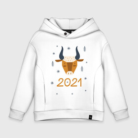Детское худи Oversize хлопок с принтом год быка 2021 в Санкт-Петербурге, френч-терри — 70% хлопок, 30% полиэстер. Мягкий теплый начес внутри —100% хлопок | боковые карманы, эластичные манжеты и нижняя кромка, капюшон на магнитной кнопке | 2021 | бык | год быка | год коровы | новый год | символ года