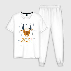 Мужская пижама хлопок с принтом год быка 2021 в Санкт-Петербурге, 100% хлопок | брюки и футболка прямого кроя, без карманов, на брюках мягкая резинка на поясе и по низу штанин
 | 2021 | бык | год быка | год коровы | новый год | символ года
