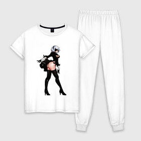 Женская пижама хлопок с принтом 2B NIER в Санкт-Петербурге, 100% хлопок | брюки и футболка прямого кроя, без карманов, на брюках мягкая резинка на поясе и по низу штанин | 2b | ahegao | anime | girl | nier automata | replicant | waifu | аниме | ахегао | нир автомата | отаку | охегао | тян | тяночка