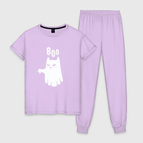 Женская пижама хлопок с принтом Кот Призрак в Санкт-Петербурге, 100% хлопок | брюки и футболка прямого кроя, без карманов, на брюках мягкая резинка на поясе и по низу штанин | Тематика изображения на принте: angry | art | boo | cat | ghost | grumpy | halloween | horror | kitten | kitty | pollice | pussy | pussycat | verso | арт | бу | версо | доброе | добрый | злой | иллюстрация | котенок | кошка | недовольный | палец вниз | приведение | пугае