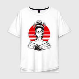 Мужская футболка хлопок Oversize с принтом Гейша в Санкт-Петербурге, 100% хлопок | свободный крой, круглый ворот, “спинка” длиннее передней части | anime | art | beauty | geisha | japan | japanese | manga | trend | woman | аниме | арт | восходящее | дневник | дневники | женщина | иллюстрация | искусство | красное | красота | манга | мода | портрет | символ | солнце | страна