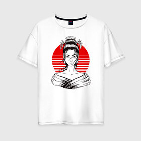 Женская футболка хлопок Oversize с принтом Гейша в Санкт-Петербурге, 100% хлопок | свободный крой, круглый ворот, спущенный рукав, длина до линии бедер
 | anime | art | beauty | geisha | japan | japanese | manga | trend | woman | аниме | арт | восходящее | дневник | дневники | женщина | иллюстрация | искусство | красное | красота | манга | мода | портрет | символ | солнце | страна
