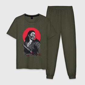 Мужская пижама хлопок с принтом Японский Воин Самурай в Санкт-Петербурге, 100% хлопок | брюки и футболка прямого кроя, без карманов, на брюках мягкая резинка на поясе и по низу штанин
 | art | blade | blood | illustration | japan | japanese | katana | mask | moon | ronin | samurai | sekiro | shogun | sword | tsushima | warrior | арт | в маске | иллюстрация | катана | кровавая | луна | мерч | меч | отступник | ронин | сегун |