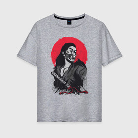Женская футболка хлопок Oversize с принтом Японский Воин Самурай в Санкт-Петербурге, 100% хлопок | свободный крой, круглый ворот, спущенный рукав, длина до линии бедер
 | art | blade | blood | illustration | japan | japanese | katana | mask | moon | ronin | samurai | sekiro | shogun | sword | tsushima | warrior | арт | в маске | иллюстрация | катана | кровавая | луна | мерч | меч | отступник | ронин | сегун |