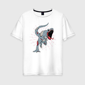 Женская футболка хлопок Oversize с принтом Zombie T-Rex в Санкт-Петербурге, 100% хлопок | свободный крой, круглый ворот, спущенный рукав, длина до линии бедер
 | danger | dead | fear | halloween | horror | hunter | monster | predator | бежит | зомбак | зомби | мертвый | монстр | охотник | палеонтолог | палеонтология | ти рекс | тираннозавр | тиранозавр | труп | ужас | хищник | хоррор | чудо