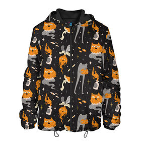 Мужская куртка 3D с принтом Halloween Monsters в Санкт-Петербурге, ткань верха — 100% полиэстер, подклад — флис | прямой крой, подол и капюшон оформлены резинкой с фиксаторами, два кармана без застежек по бокам, один большой потайной карман на груди. Карман на груди застегивается на липучку | angry | art | cat | creatures | flame | grumpy | horror | kitten | kitty | merch | pussy | pussycat | арт | грибы | злые | иллюстрация | котенок | кошка | кринж | мерч | монстры | наряд | недовольные | огонь | паттерн | сердитые | создания