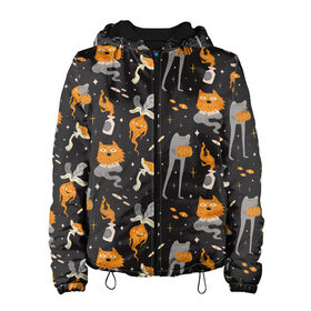 Женская куртка 3D с принтом Halloween Monsters в Санкт-Петербурге, ткань верха — 100% полиэстер, подклад — флис | прямой крой, подол и капюшон оформлены резинкой с фиксаторами, два кармана без застежек по бокам, один большой потайной карман на груди. Карман на груди застегивается на липучку | angry | art | cat | creatures | flame | grumpy | horror | kitten | kitty | merch | pussy | pussycat | арт | грибы | злые | иллюстрация | котенок | кошка | кринж | мерч | монстры | наряд | недовольные | огонь | паттерн | сердитые | создания