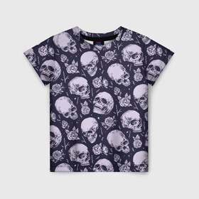 Детская футболка 3D с принтом Мрачные черепа с розами в Санкт-Петербурге, 100% гипоаллергенный полиэфир | прямой крой, круглый вырез горловины, длина до линии бедер, чуть спущенное плечо, ткань немного тянется | dark | gloomy | grim | halloween | hell | metal | metall | music | reaper | roses | skeleton | skull | skulls | souls | thorns | ад | взгляд | души | жнец | йорик | метал | металл | мрак | музыка | розы | скелет | скелеты | те