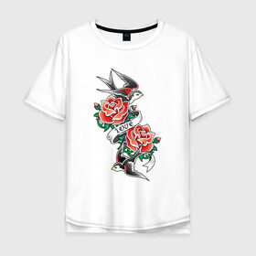 Мужская футболка хлопок Oversize с принтом Птичье тату в Санкт-Петербурге, 100% хлопок | свободный крой, круглый ворот, “спинка” длиннее передней части | love | арт | красная роза | красные розы | ласточка | ласточки | любовь | птица | птицы | рисунок | роза | розы | тату