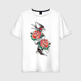 Женская футболка хлопок Oversize с принтом Птичье тату в Санкт-Петербурге, 100% хлопок | свободный крой, круглый ворот, спущенный рукав, длина до линии бедер
 | love | арт | красная роза | красные розы | ласточка | ласточки | любовь | птица | птицы | рисунок | роза | розы | тату