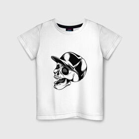 Детская футболка хлопок с принтом Череп в кепке в Санкт-Петербурге, 100% хлопок | круглый вырез горловины, полуприлегающий силуэт, длина до линии бедер | арт | белый | в кепке | вектор | кепка | рисунок | скелет | череп | чёрный