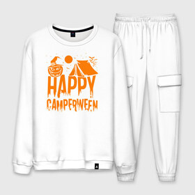 Мужской костюм хлопок с принтом Happy camperween в Санкт-Петербурге, 100% хлопок | на свитшоте круглая горловина, мягкая резинка по низу. Брюки заужены к низу, на них два вида карманов: два “обычных” по бокам и два объемных, с клапанами, расположенные ниже линии бедра. Брюки с мягкой трикотажной резинкой на поясе и по низу штанин. В поясе для дополнительного комфорта — широкие завязки | 31 октября | halloween | halowen | ведьма | день всех святых | джек | костюм | кровь | лого | монстр | надпись | праздник | приведение | призрак | светильник | символ | страшная | тыква | ужасы | хеллоуин | хеллуин