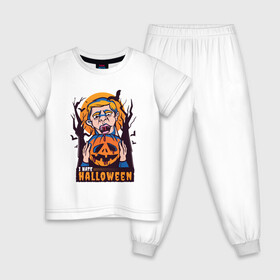 Детская пижама хлопок с принтом I hate halloween в Санкт-Петербурге, 100% хлопок |  брюки и футболка прямого кроя, без карманов, на брюках мягкая резинка на поясе и по низу штанин
 | Тематика изображения на принте: bat | bats | clerc | human | killer | pumpkin | vampire | zombie | вампир | вурдалак | зомби | интроверт | кладбище | клерк | летучие мыши | мерч | не наш праздник | ненавижу | ненависть | тыква | тыквенная голова | убил | хеллоуи