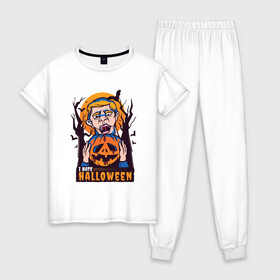 Женская пижама хлопок с принтом I hate halloween в Санкт-Петербурге, 100% хлопок | брюки и футболка прямого кроя, без карманов, на брюках мягкая резинка на поясе и по низу штанин | bat | bats | clerc | human | killer | pumpkin | vampire | zombie | вампир | вурдалак | зомби | интроверт | кладбище | клерк | летучие мыши | мерч | не наш праздник | ненавижу | ненависть | тыква | тыквенная голова | убил | хеллоуи