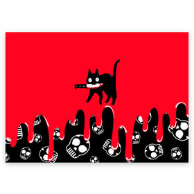 Поздравительная открытка с принтом WHAT CAT в Санкт-Петербурге, 100% бумага | плотность бумаги 280 г/м2, матовая, на обратной стороне линовка и место для марки
 | Тематика изображения на принте: art | black | black cat | cat | dark | dark cat | halloween | what | what cat | what mem | арт | кот | кот арт | кот мем | мем | нож | праздник | прикол | прикольный кот | убица | хэллоуин | чёрный | чёрный кот | что | что мем