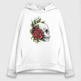 Женское худи Oversize хлопок с принтом Череп и Роза в Санкт-Петербурге, френч-терри — 70% хлопок, 30% полиэстер. Мягкий теплый начес внутри —100% хлопок | боковые карманы, эластичные манжеты и нижняя кромка, капюшон на магнитной кнопке | art | bones | fashion | flowers | jolly roger | rose | roses | skeleton | skull | skulls | smile | smiling | арт | ваза | иллюстрация | кости | лепестки | листья | мода | рисунок | роза | розы | скелет | стиль | тренд | улыбающийся | улыбка | ч