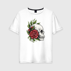 Женская футболка хлопок Oversize с принтом Череп и Роза в Санкт-Петербурге, 100% хлопок | свободный крой, круглый ворот, спущенный рукав, длина до линии бедер
 | Тематика изображения на принте: art | bones | fashion | flowers | jolly roger | rose | roses | skeleton | skull | skulls | smile | smiling | арт | ваза | иллюстрация | кости | лепестки | листья | мода | рисунок | роза | розы | скелет | стиль | тренд | улыбающийся | улыбка | ч