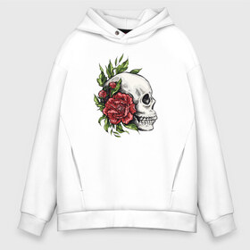 Мужское худи Oversize хлопок с принтом Череп и Роза в Санкт-Петербурге, френч-терри — 70% хлопок, 30% полиэстер. Мягкий теплый начес внутри —100% хлопок | боковые карманы, эластичные манжеты и нижняя кромка, капюшон на магнитной кнопке | art | bones | fashion | flowers | jolly roger | rose | roses | skeleton | skull | skulls | smile | smiling | арт | ваза | иллюстрация | кости | лепестки | листья | мода | рисунок | роза | розы | скелет | стиль | тренд | улыбающийся | улыбка | ч