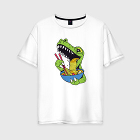Женская футболка хлопок Oversize с принтом Ти Рекс ест Рамен в Санкт-Петербурге, 100% хлопок | свободный крой, круглый ворот, спущенный рукав, длина до линии бедер
 | anime | cute | dino | dinosaur | kanji | kawaii | manga | rex | sushi | t rex | анимешный | грааль | динозаврик | иероглифы | катакана | кушает | лапша | макароны | манга | милота | милый | повелитель | рамен | рекс | суп | суши