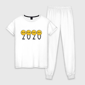 Женская пижама хлопок с принтом 2020 (Z) в Санкт-Петербурге, 100% хлопок | брюки и футболка прямого кроя, без карманов, на брюках мягкая резинка на поясе и по низу штанин | 2020 | 2020 год | 2020год | emoji | smail | smile | the end | апокалипсис | взрыв | год | конец света | мордочка | негатив | рожица | смаил | смайл | улыбка | эмоджи | ядерный взрыв