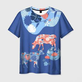 Мужская футболка 3D с принтом коровы с цветами в Санкт-Петербурге, 100% полиэфир | прямой крой, круглый вырез горловины, длина до линии бедер | 2021 | бык | год быка | год коровы | новый год | символ года