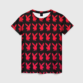 Женская футболка 3D с принтом playboy в Санкт-Петербурге, 100% полиэфир ( синтетическое хлопкоподобное полотно) | прямой крой, круглый вырез горловины, длина до линии бедер | black | love | playboy | rabbit | red | красный | кролик. | любовь | плейбой | черный