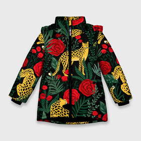 Зимняя куртка для девочек 3D с принтом Леопарды и цветы в Санкт-Петербурге, ткань верха — 100% полиэстер; подклад — 100% полиэстер, утеплитель — 100% полиэстер. | длина ниже бедра, удлиненная спинка, воротник стойка и отстегивающийся капюшон. Есть боковые карманы с листочкой на кнопках, утяжки по низу изделия и внутренний карман на молнии. 

Предусмотрены светоотражающий принт на спинке, радужный светоотражающий элемент на пуллере молнии и на резинке для утяжки. | leopard | животные | звери | леопард | леопарды | листья | принт животных | принт с животными | природа | растения | роза | розы | тропики | хищники | цветок | цветы