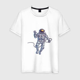 Мужская футболка хлопок с принтом Привет от космонавта в Санкт-Петербурге, 100% хлопок | прямой крой, круглый вырез горловины, длина до линии бедер, слегка спущенное плечо. | арт | астронавт | космонавт | космос | невесомость | передаёт привет | привет | рисунок | скафандр