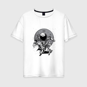 Женская футболка хлопок Oversize с принтом Космический скейт в Санкт-Петербурге, 100% хлопок | свободный крой, круглый ворот, спущенный рукав, длина до линии бедер
 | арт | астронавт | звезда | звёзды | космический отдых | космонавт | космос | ночь | рисунок | скафандр | скейт | скейтборд