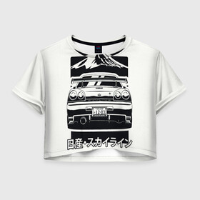 Женская футболка Crop-top 3D с принтом Skyline R 34 в Санкт-Петербурге, 100% полиэстер | круглая горловина, длина футболки до линии талии, рукава с отворотами | car | need for speed | nissan | r 34 | skyline | автомобиль | гора | дрифт | ниссан | скайлайн | тачка | форсаж