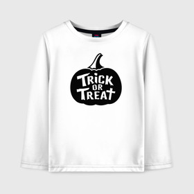 Детский лонгслив хлопок с принтом Trick or Treat в Санкт-Петербурге, 100% хлопок | круглый вырез горловины, полуприлегающий силуэт, длина до линии бедер | Тематика изображения на принте: 31 октября | halloween | halowen | ведьма | день всех святых | джек | костюм | кровь | лого | монстр | надпись | праздник | приведение | призрак | светильник | символ | страшная | тыква | ужасы | хеллоуин | хеллуин