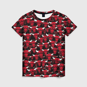 Женская футболка 3D с принтом Быки Chicago Bulls в Санкт-Петербурге, 100% полиэфир ( синтетическое хлопкоподобное полотно) | прямой крой, круглый вырез горловины, длина до линии бедер | баскетбол | бык | корова | красный | нба | паттерн | рога | чикаго буллз