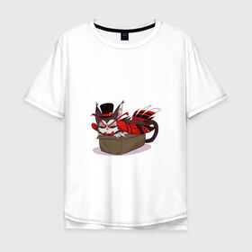Мужская футболка хлопок Oversize с принтом Хаск в Санкт-Петербурге, 100% хлопок | свободный крой, круглый ворот, “спинка” длиннее передней части | арт | демон | коробка | кот в коробке | кошачий демон | крылья | пернатый | пернатый демон | птица в коробке | рисунок | хаск | шляпа