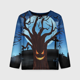 Детский лонгслив 3D с принтом Жуткое дерево на кладбище в Санкт-Петербурге, 100% полиэстер | длинные рукава, круглый вырез горловины, полуприлегающий силуэт
 | 2020 | evil | halloween | tree | ветви | дерево | дуб | зло | кладбище | луна | монстр | ночь | полночь | страшный | ужасающий | хэллоуин | хэлоуин