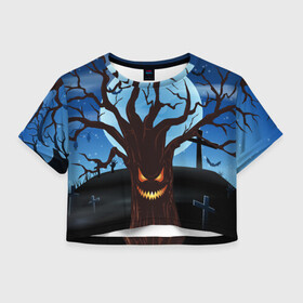 Женская футболка Crop-top 3D с принтом Жуткое дерево на кладбище в Санкт-Петербурге, 100% полиэстер | круглая горловина, длина футболки до линии талии, рукава с отворотами | 2020 | evil | halloween | tree | ветви | дерево | дуб | зло | кладбище | луна | монстр | ночь | полночь | страшный | ужасающий | хэллоуин | хэлоуин
